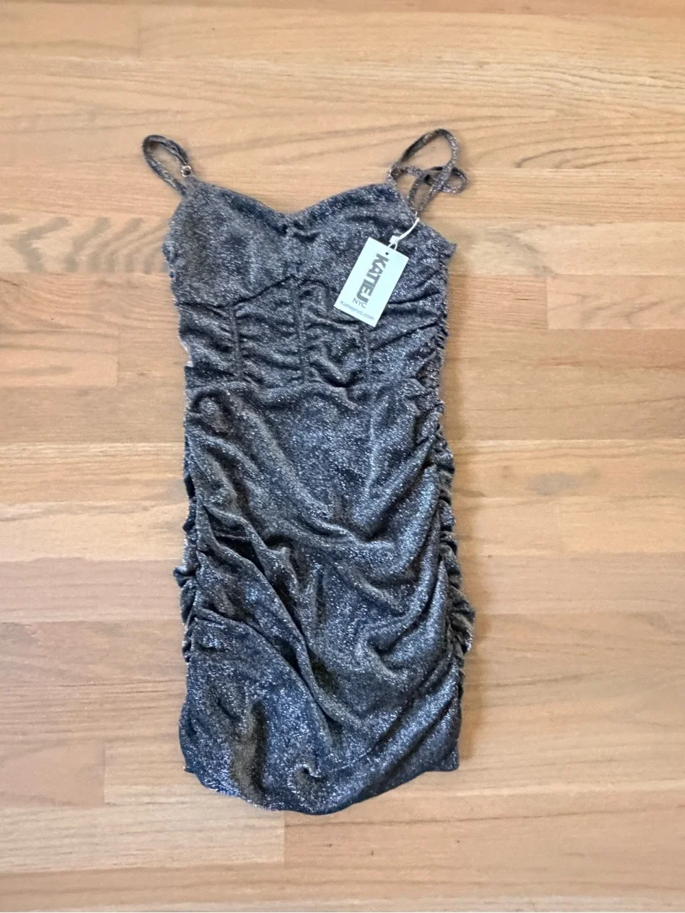 NWT! Katie J NYC Black Sparkle Ruched Mesh Slip Dress
